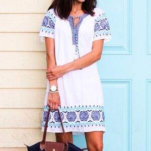 Vineyard Vines Embroidered Cotton Popover Dress White Blue Shift Medium